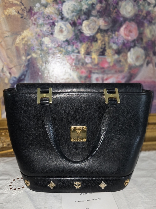 MCM Handbags - MCM Black Leather Top-Handle Tote with Gold Hardware